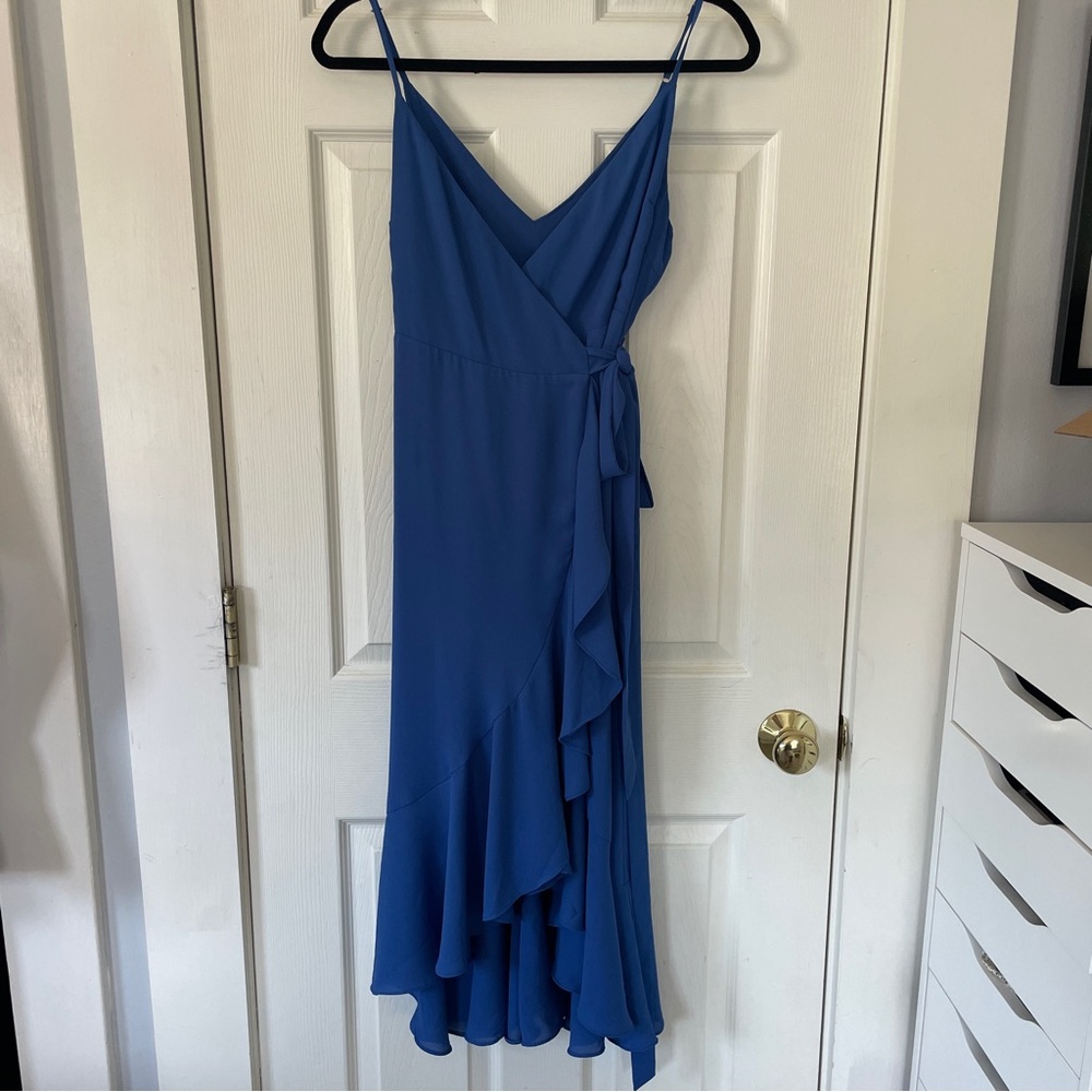 Manhattan Moment Blue Ruffled Midi Wrap Dress